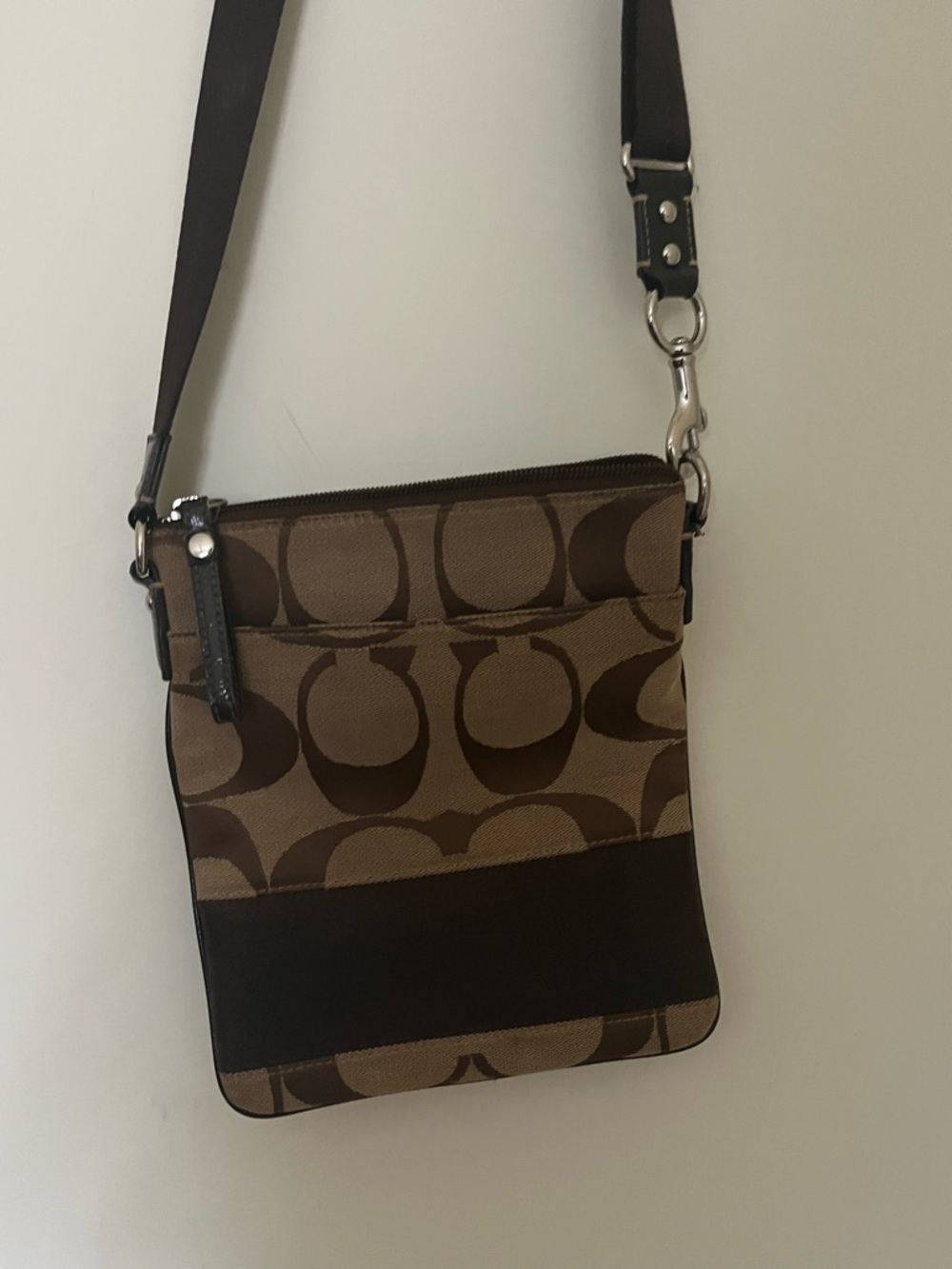 Vintage Y2K Coach Signature Stripe Brown Jacquard+Chocolate Leather Crossbody